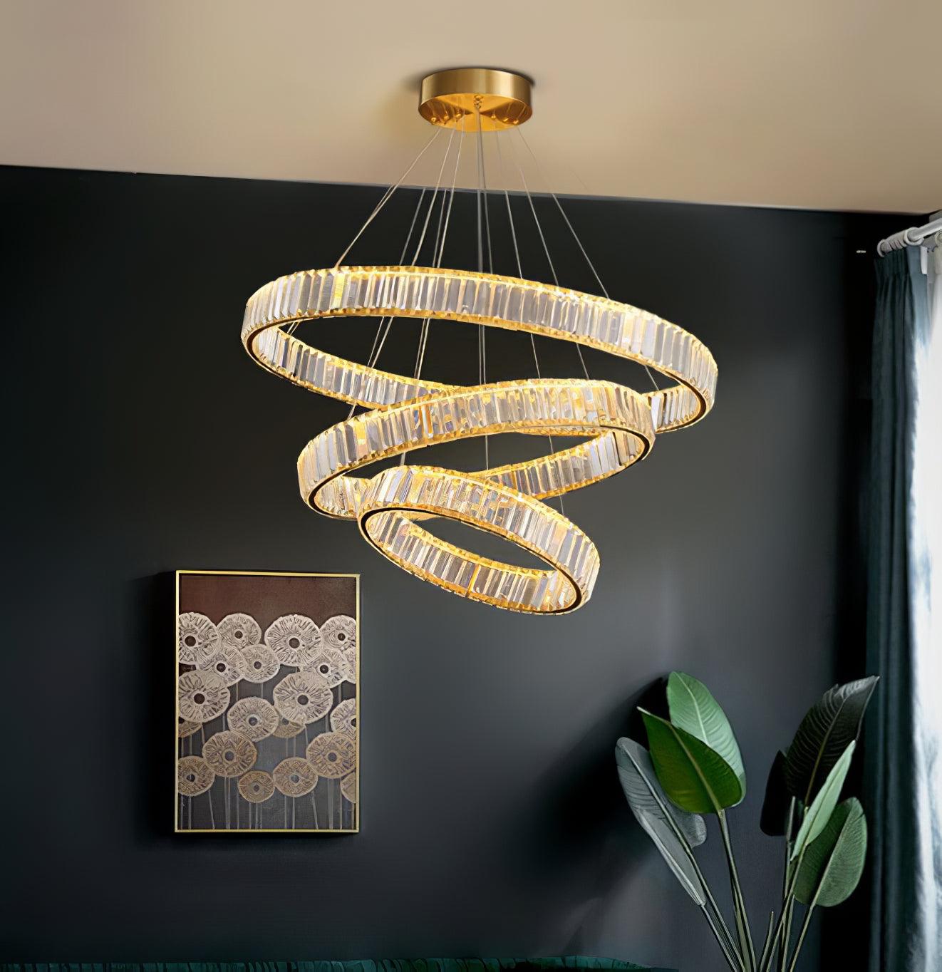 Gold Crystal Ring LED Crown Chandelier Modern Multi Tier Hanging Pendant Lamp