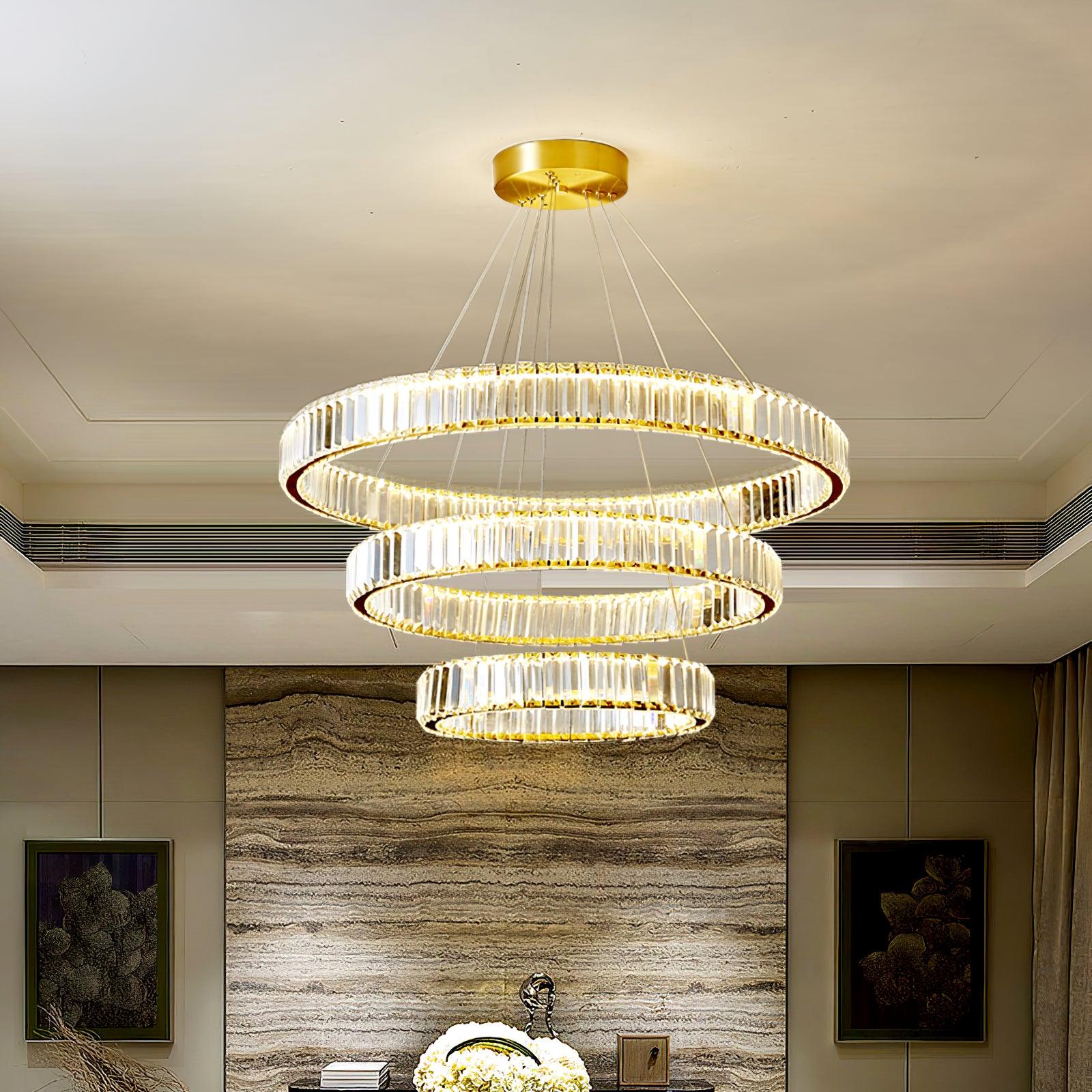 Gold Crystal Ring LED Crown Chandelier Modern Multi Tier Hanging Pendant Lamp