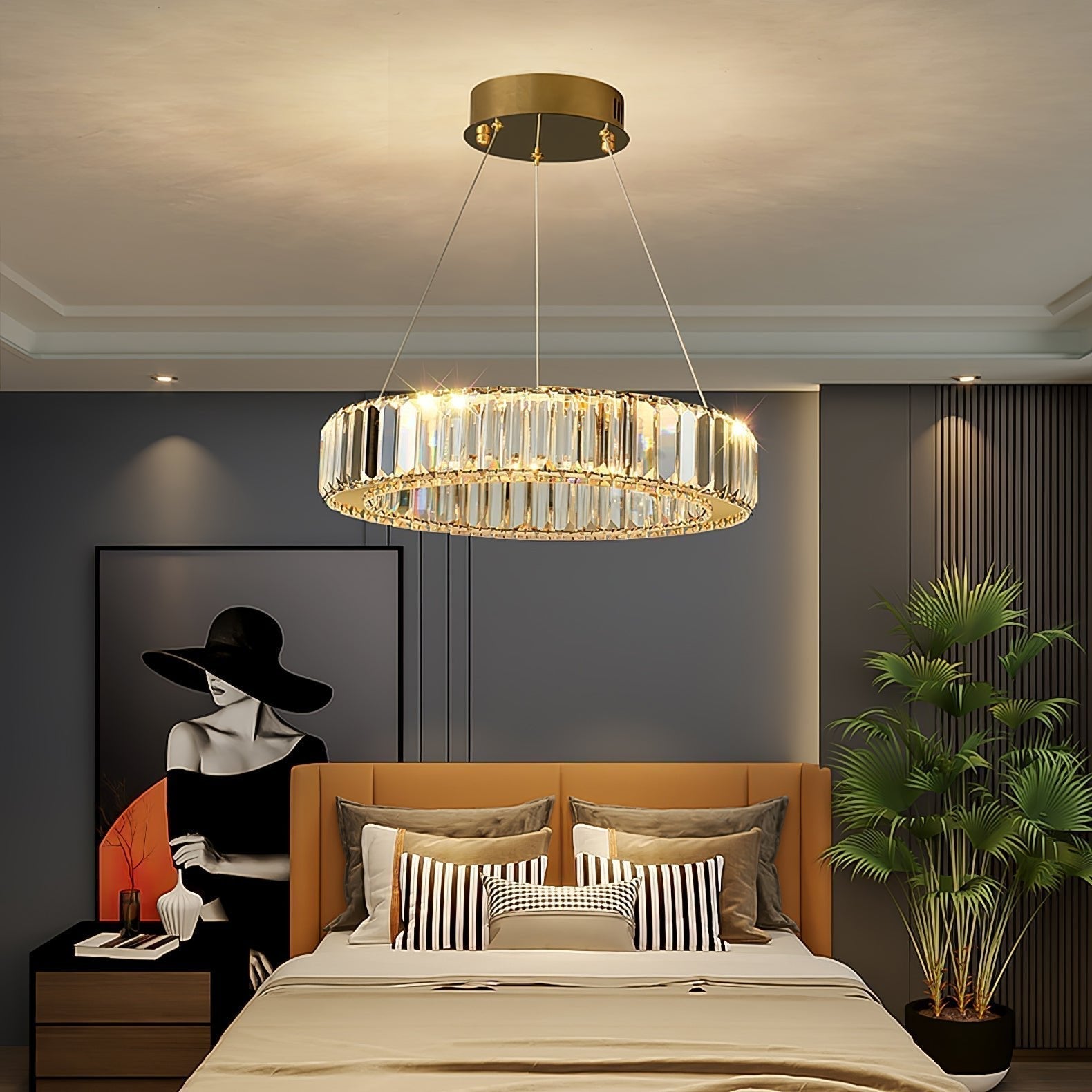 Gold Crystal Ring LED Crown Chandelier Modern Multi Tier Hanging Pendant Lamp