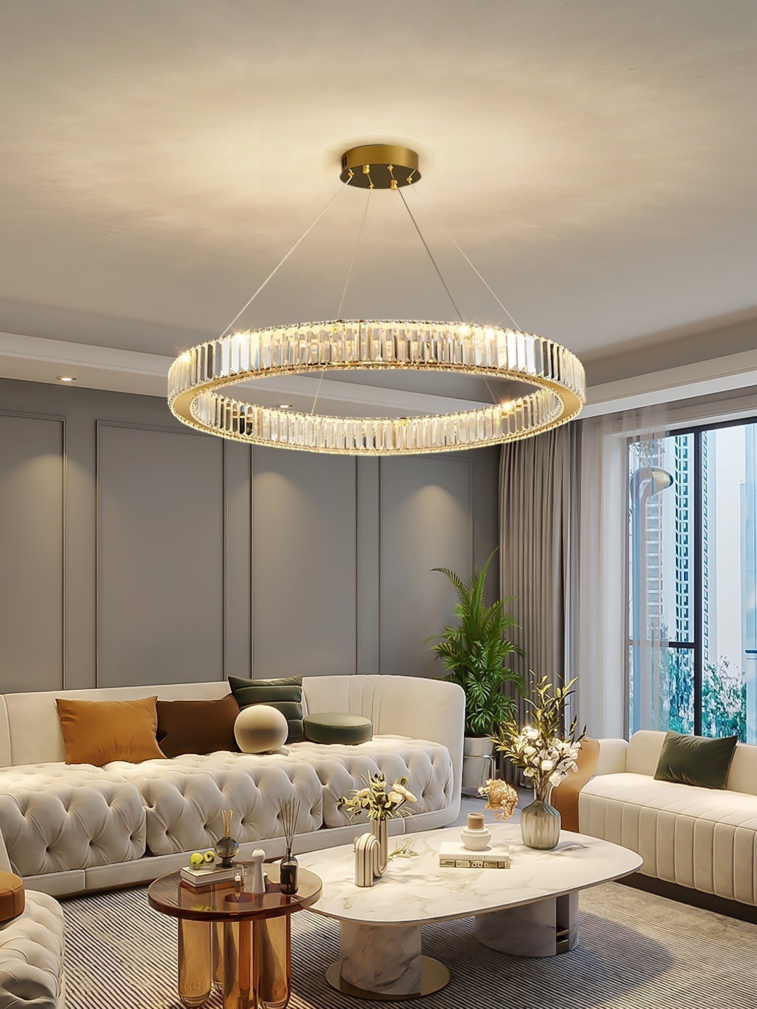 Gold Crystal Ring LED Crown Chandelier Modern Multi Tier Hanging Pendant Lamp