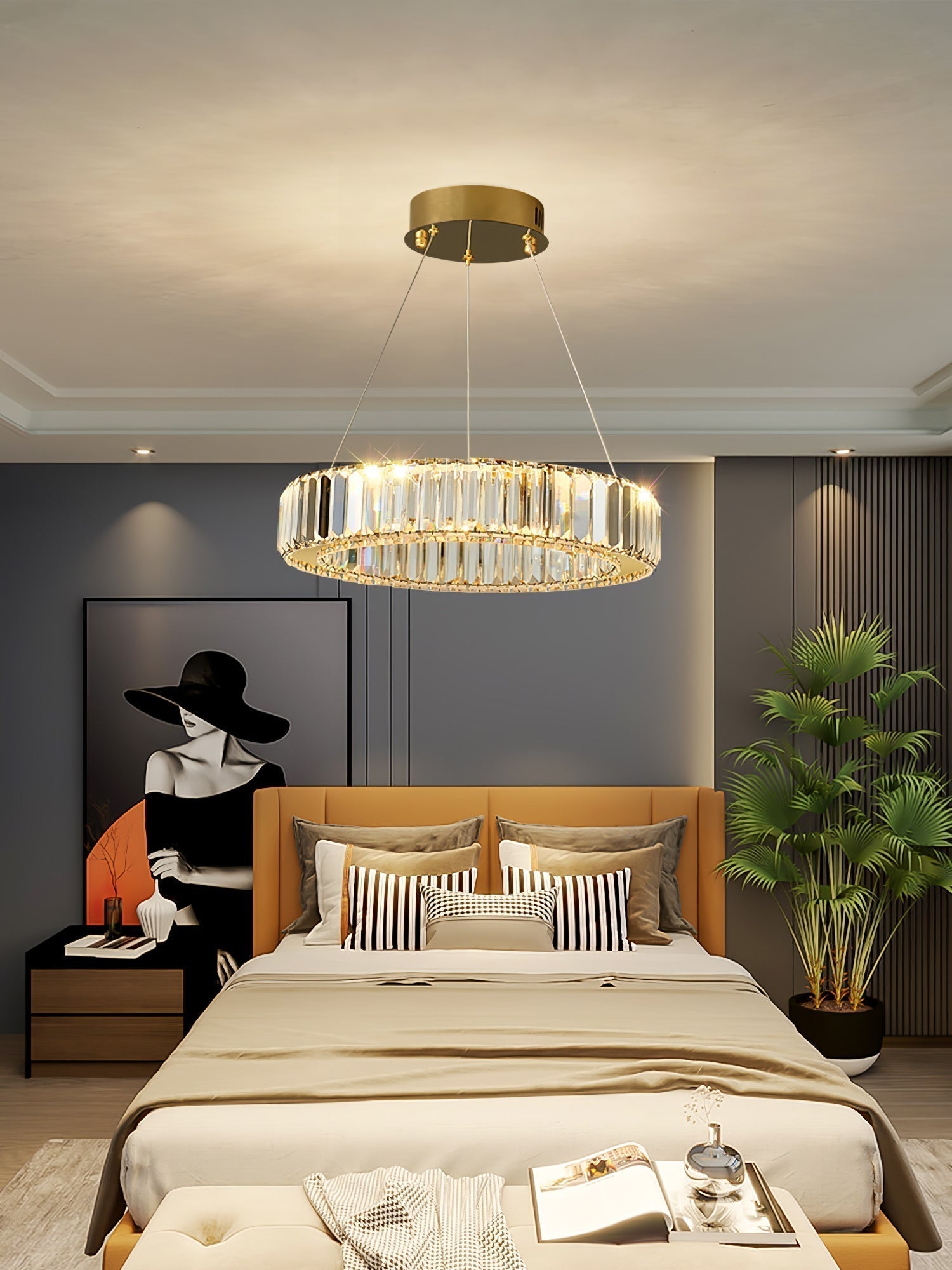 Gold Crystal Ring LED Crown Chandelier Modern Multi Tier Hanging Pendant Lamp