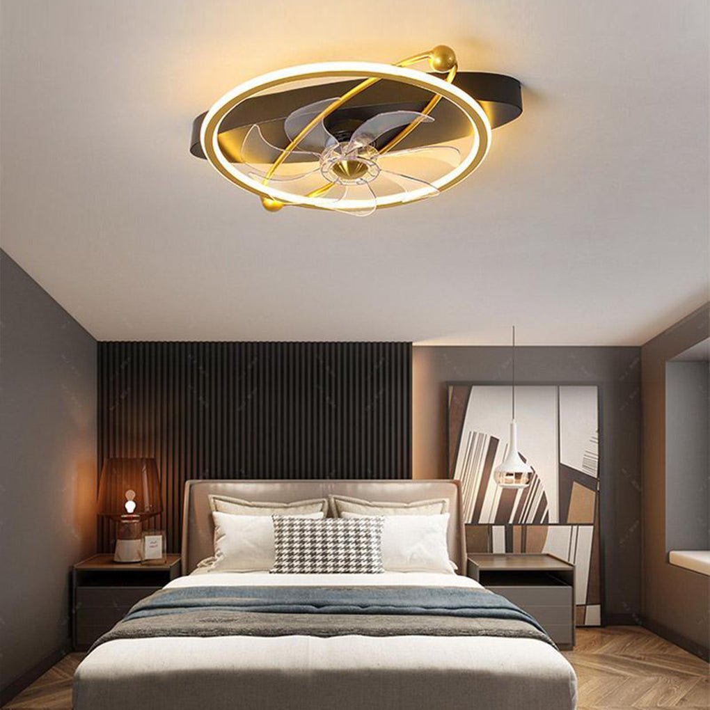 Industrial Gold Flush Mount Ceiling Fan with Integrated LED Light and 6 Speed Remote Control