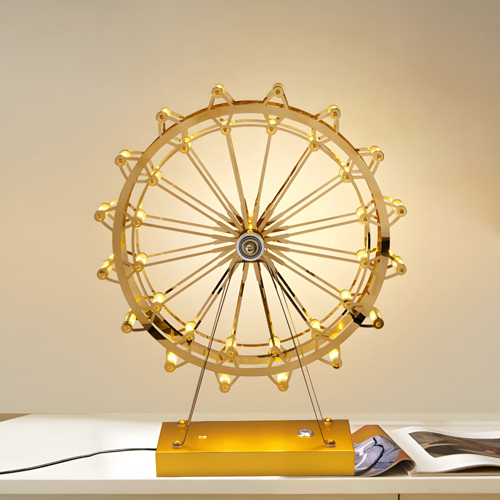 Golden Brass Ferris Wheel Table Lamp Vintage LED Desk Light for Bedside Decor