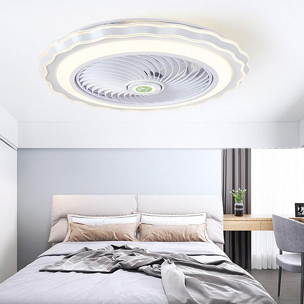 Modern White and Gold Crown Bladeless Flush Mount Ceiling Fan with Remote Control and LED Light