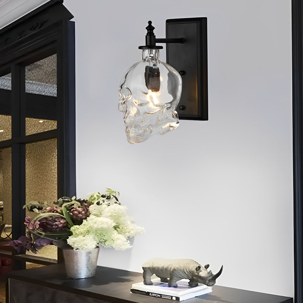 Gothic Skull Head Glass Wall Sconce Industrial Black Finish Decorative Lighting