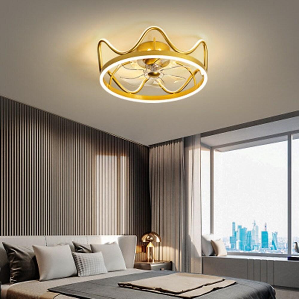 Modern Crown Shape LED Ceiling Fan with Light Dimmable Flush Mount Gold and Black Finish