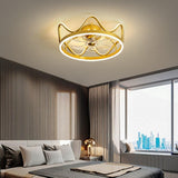 Modern Crown Shape LED Ceiling Fan with Light Dimmable Flush Mount Gold and Black Finish