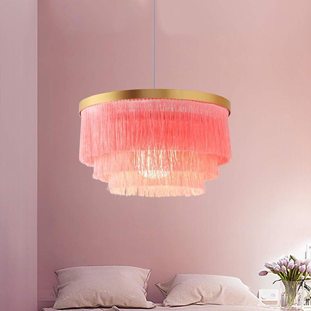Gradated Drum Shade LED Chandelier for Dining Room and Bedroom Contemporary Fabric Tassel Ceiling Light