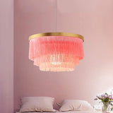 Gradated Drum Shade LED Chandelier for Dining Room and Bedroom Contemporary Fabric Tassel Ceiling Light