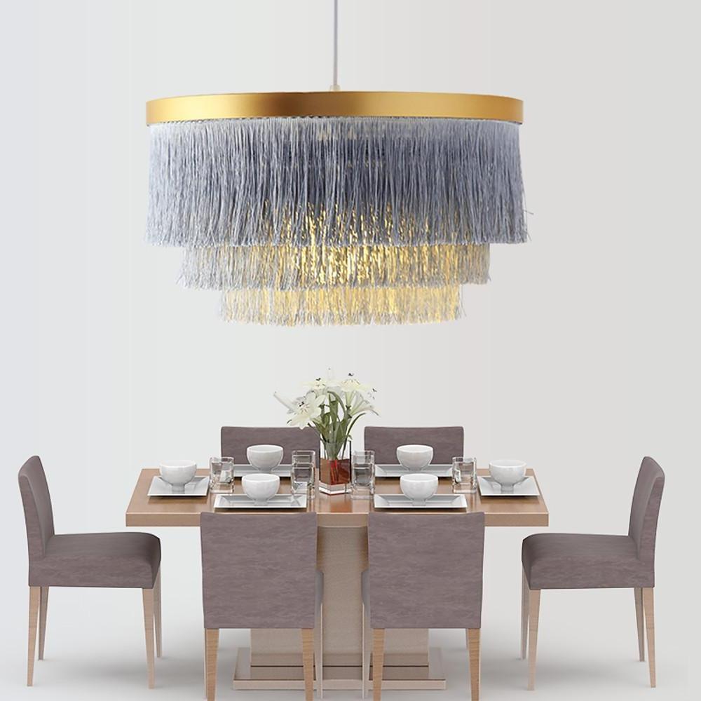 Gradated Drum Shade LED Chandelier for Dining Room and Bedroom Contemporary Fabric Tassel Ceiling Light