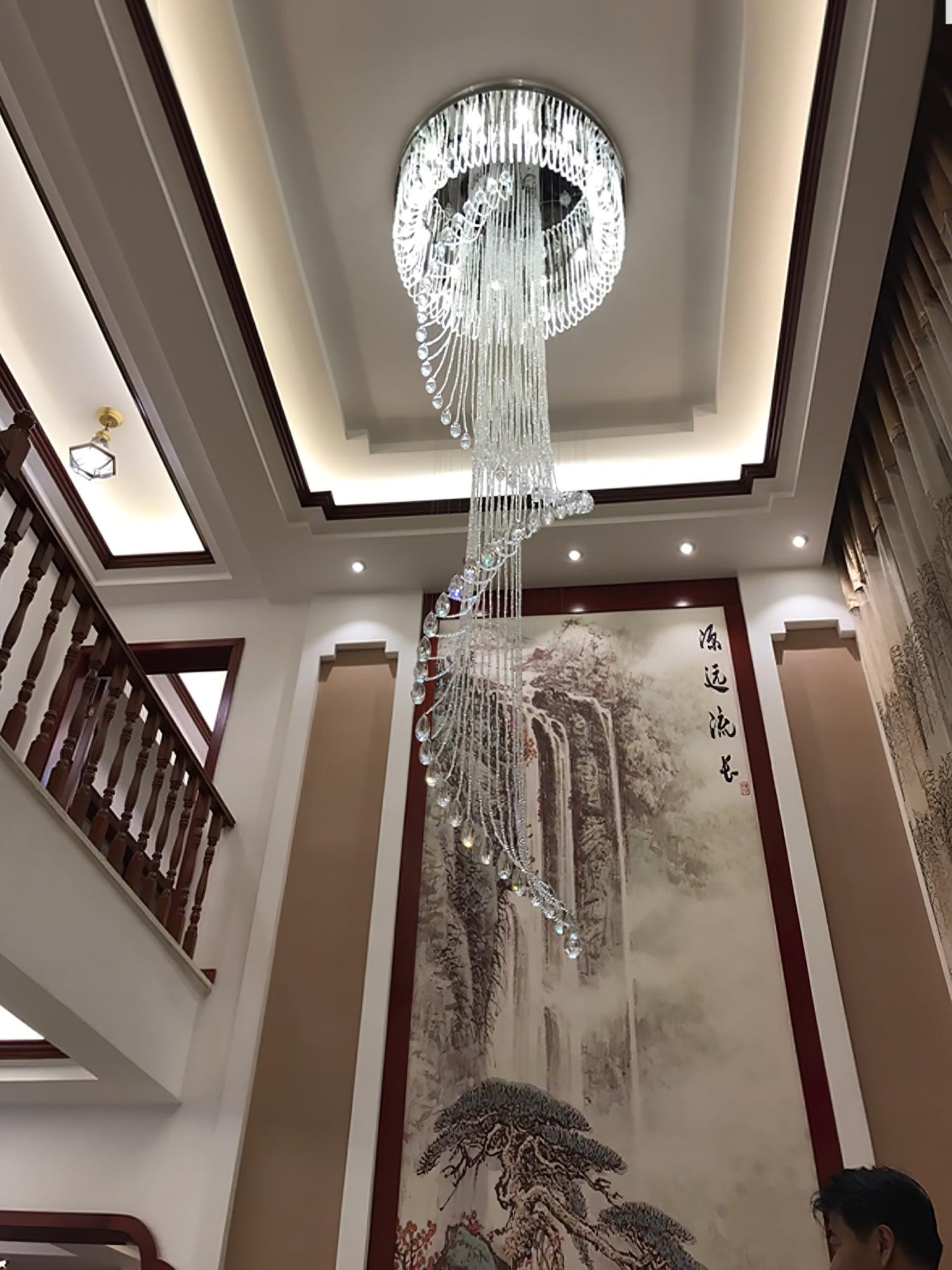 Grand Spiral Crystal Chandelier for Staircase Luxury Crown LED Pendant Light Chrome Finish