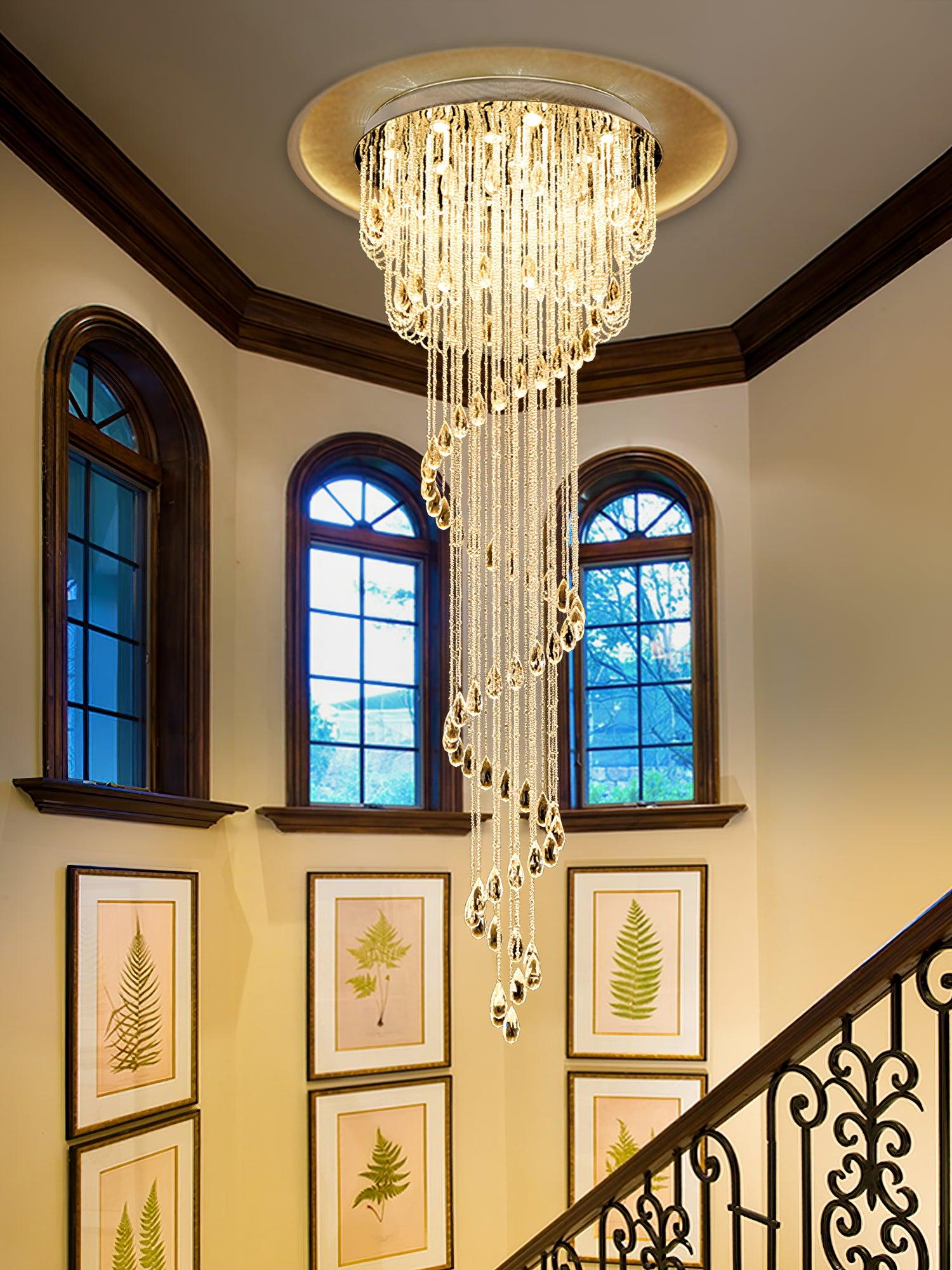 Grand Spiral Crystal Chandelier for Staircase Luxury Crown LED Pendant Light Chrome Finish