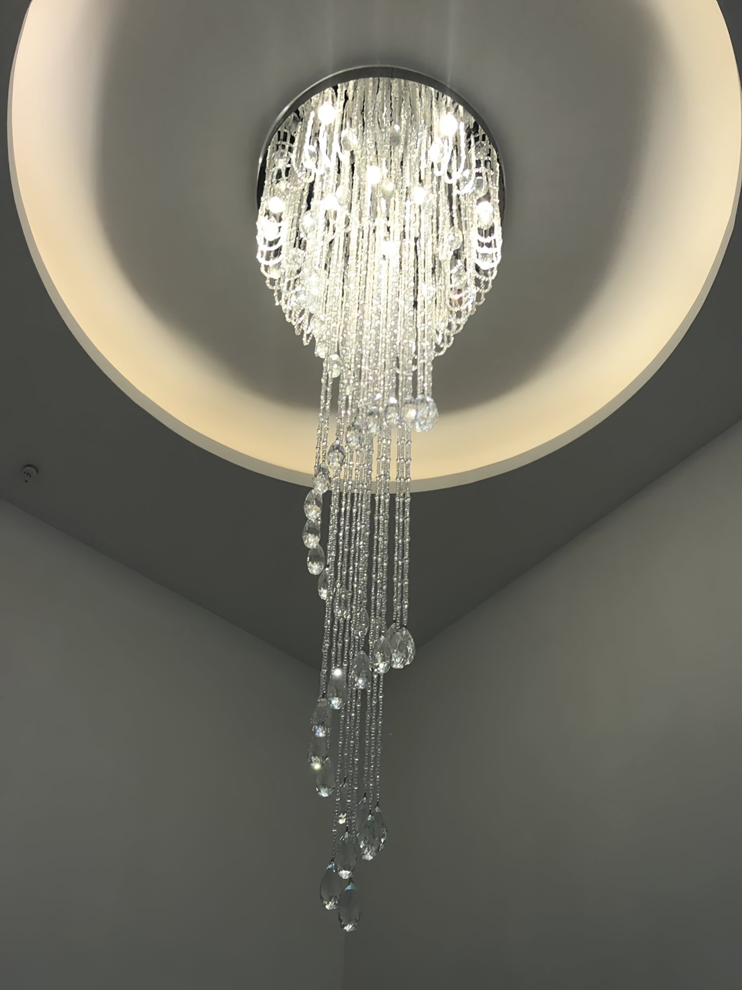 Grand Spiral Crystal Chandelier for Staircase Luxury Crown LED Pendant Light Chrome Finish