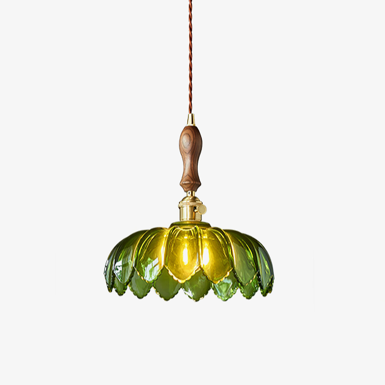 Green Glass Petal Pendant Light Vintage Flower Hanging Lamp with Wood Accent