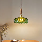 Green Glass Petal Pendant Light Vintage Flower Hanging Lamp with Wood Accent