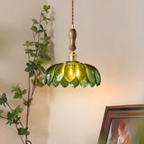 Green Glass Petal Pendant Light Vintage Flower Hanging Lamp with Wood Accent