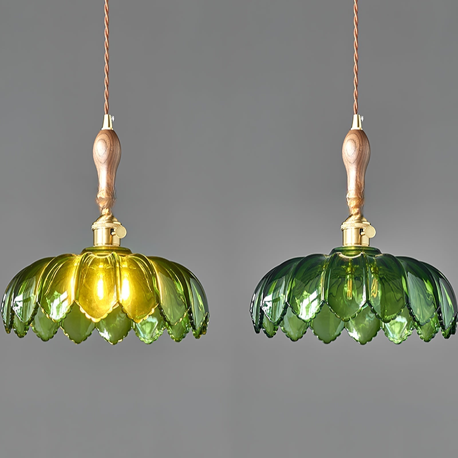 Green Glass Petal Pendant Light Vintage Flower Hanging Lamp with Wood Accent