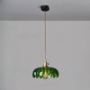 Green Glass Petal Pendant Light Vintage Flower Hanging Lamp with Wood Accent