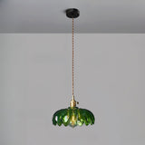Green Glass Petal Pendant Light Vintage Flower Hanging Lamp with Wood Accent