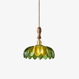 Green Glass Petal Pendant Light Vintage Flower Hanging Lamp with Wood Accent