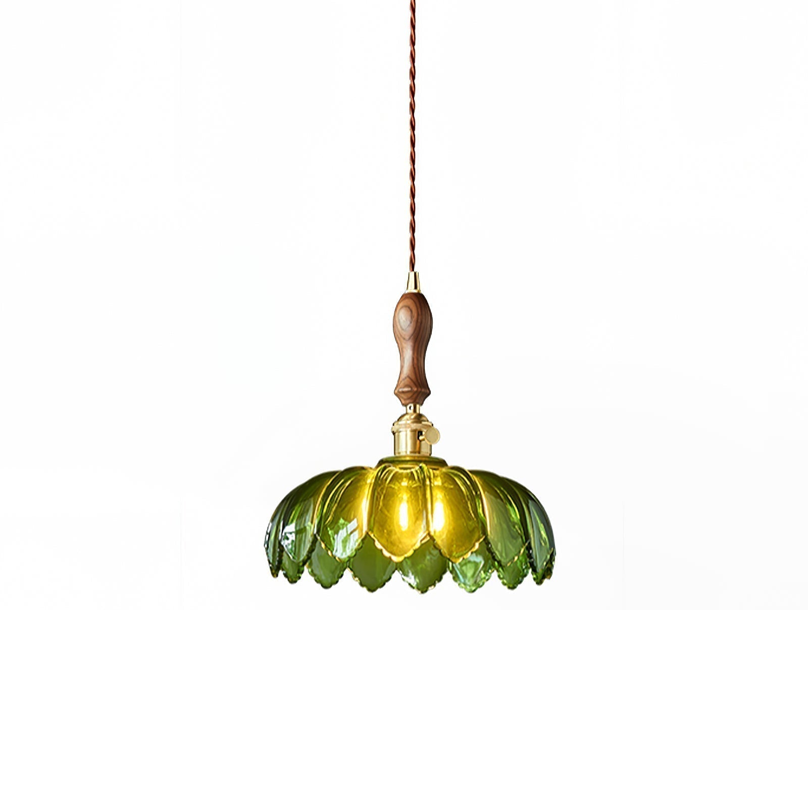 Green Glass Petal Pendant Light Vintage Flower Hanging Lamp with Wood Accent