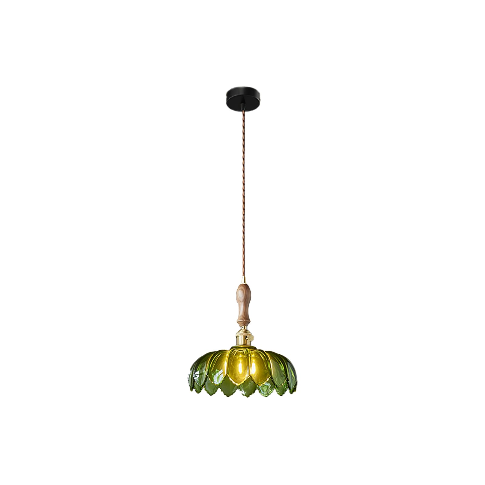 Green Glass Petal Pendant Light Vintage Flower Hanging Lamp with Wood Accent