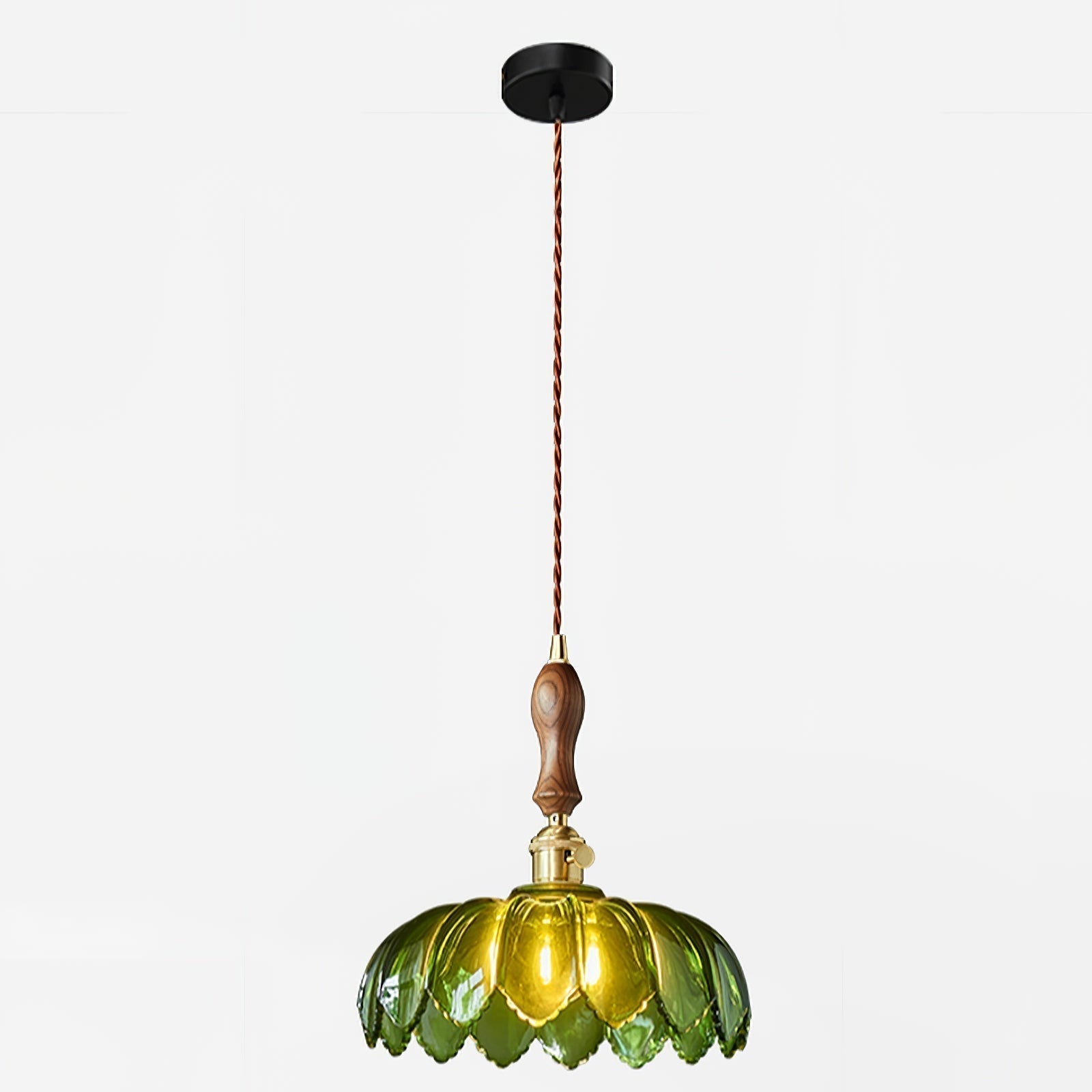 Green Glass Petal Pendant Light Vintage Flower Hanging Lamp with Wood Accent