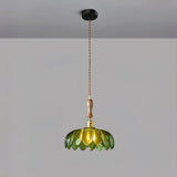 Green Glass Petal Pendant Light Vintage Flower Hanging Lamp with Wood Accent