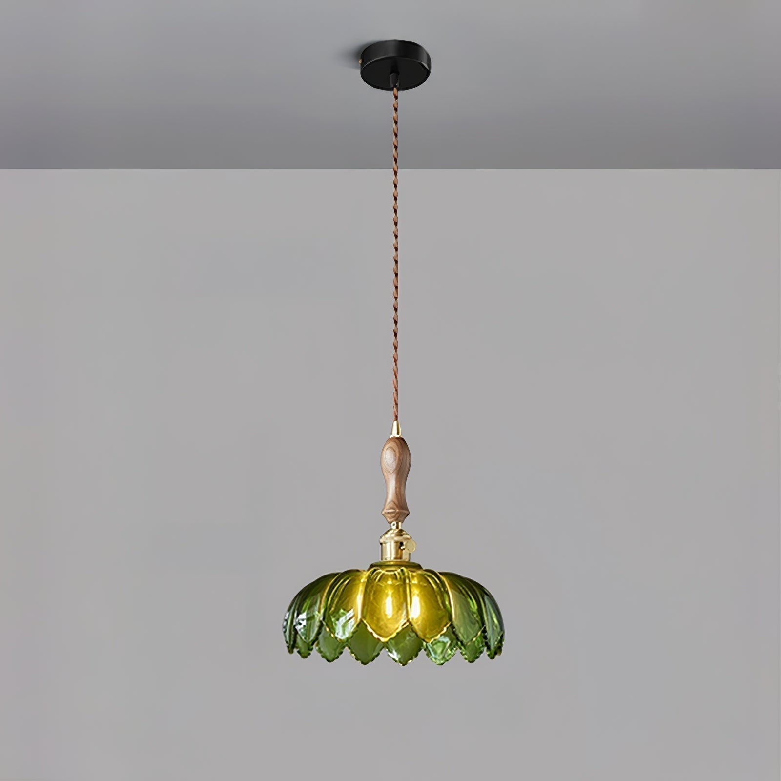 Green Glass Petal Pendant Light Vintage Flower Hanging Lamp with Wood Accent