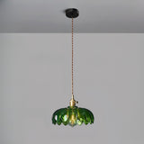 Green Glass Petal Pendant Light Vintage Flower Hanging Lamp with Wood Accent