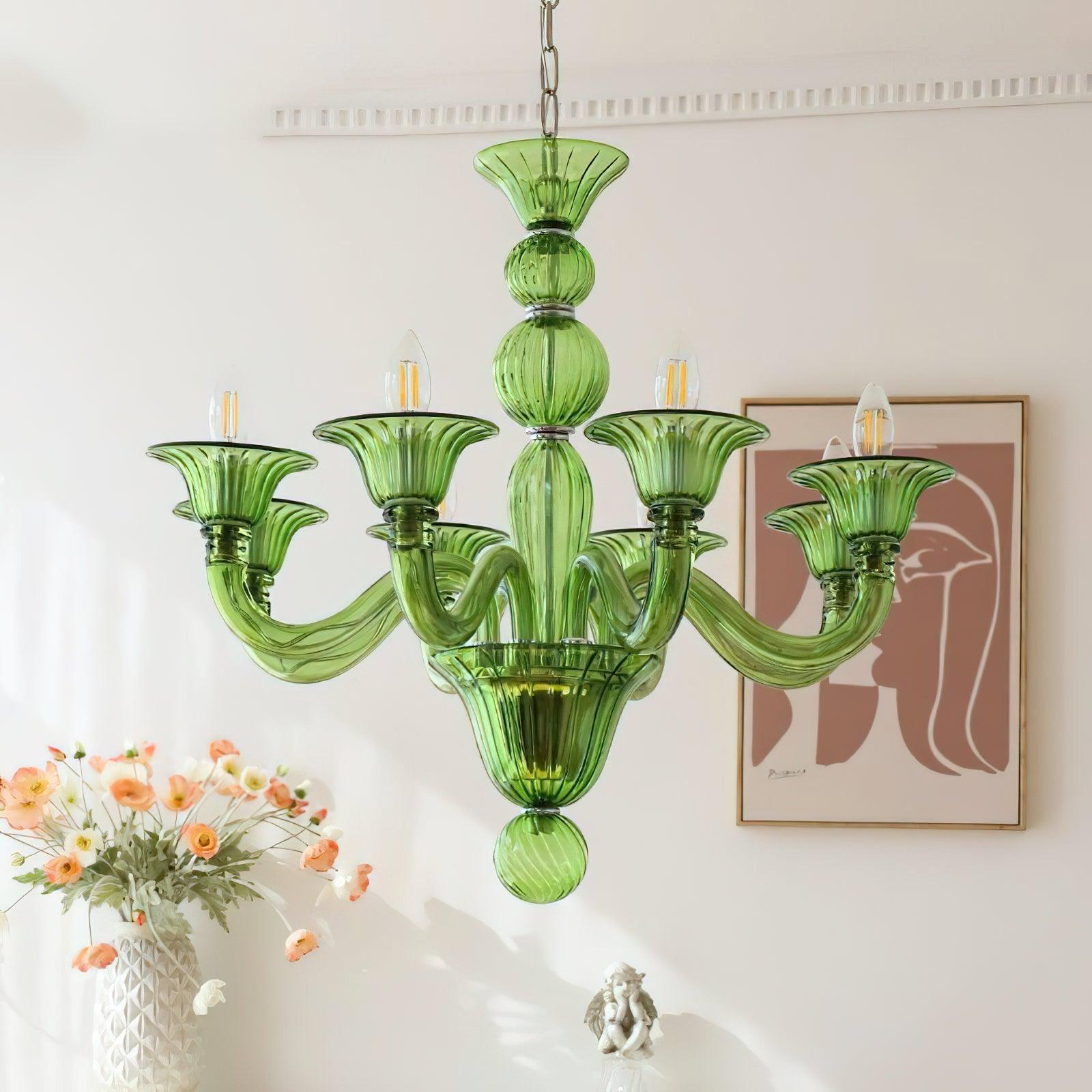 Green Murano Glass Chandelier Hand Blown Luxury Pendant Light Fixture