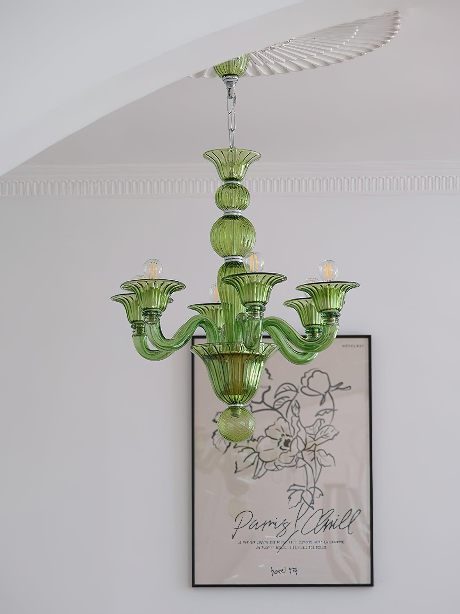 Green Murano Glass Chandelier Hand Blown Luxury Pendant Light Fixture