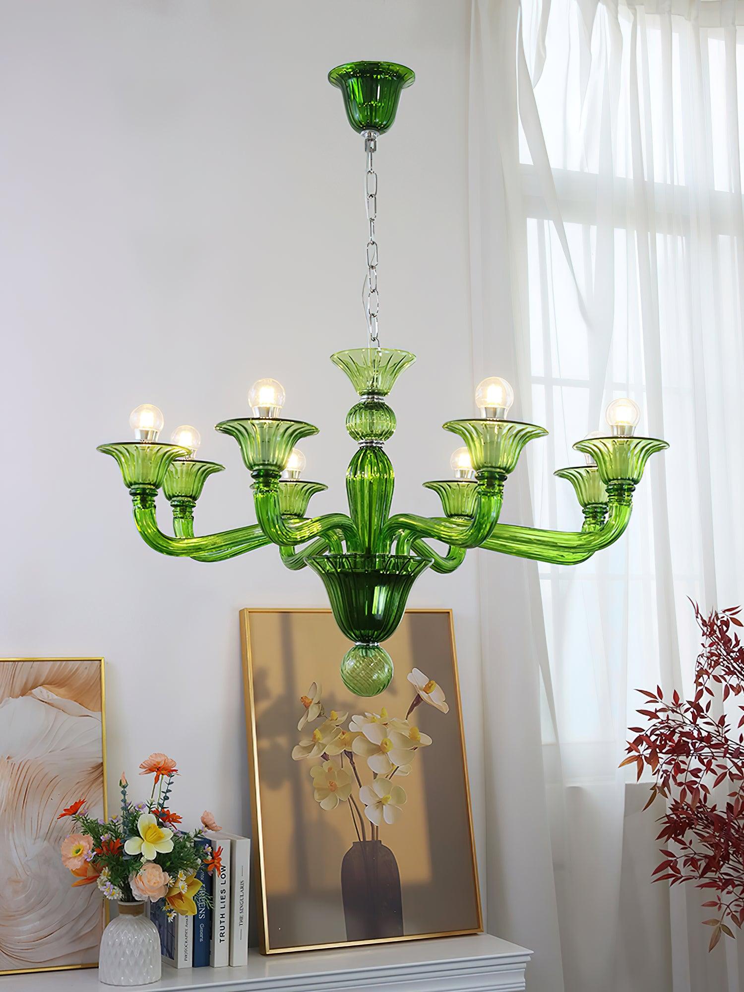 Green Murano Glass Chandelier Hand Blown Luxury Pendant Light Fixture