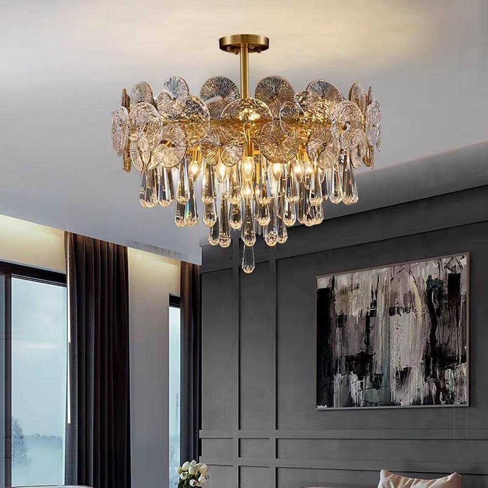 Modern Lantern Crystal Flush Mount Ceiling Light Metal Candelabra LED Fixture
