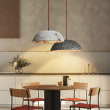 Half Dome Textured Ceramic Pendant Light with Gold Interior and Wood Details