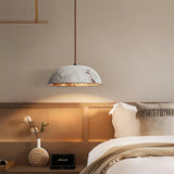 Half Dome Textured Ceramic Pendant Light with Gold Interior and Wood Details