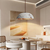 Half Dome Textured Ceramic Pendant Light with Gold Interior and Wood Details