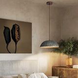 Half Dome Textured Ceramic Pendant Light with Gold Interior and Wood Details