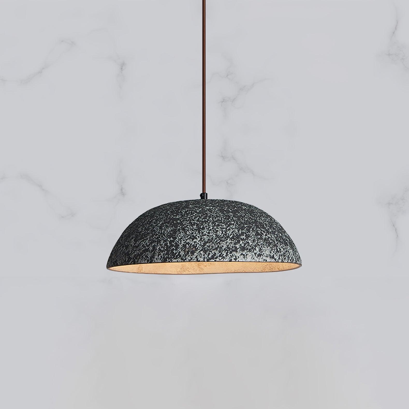 Half Dome Textured Ceramic Pendant Light with Gold Interior and Wood Details