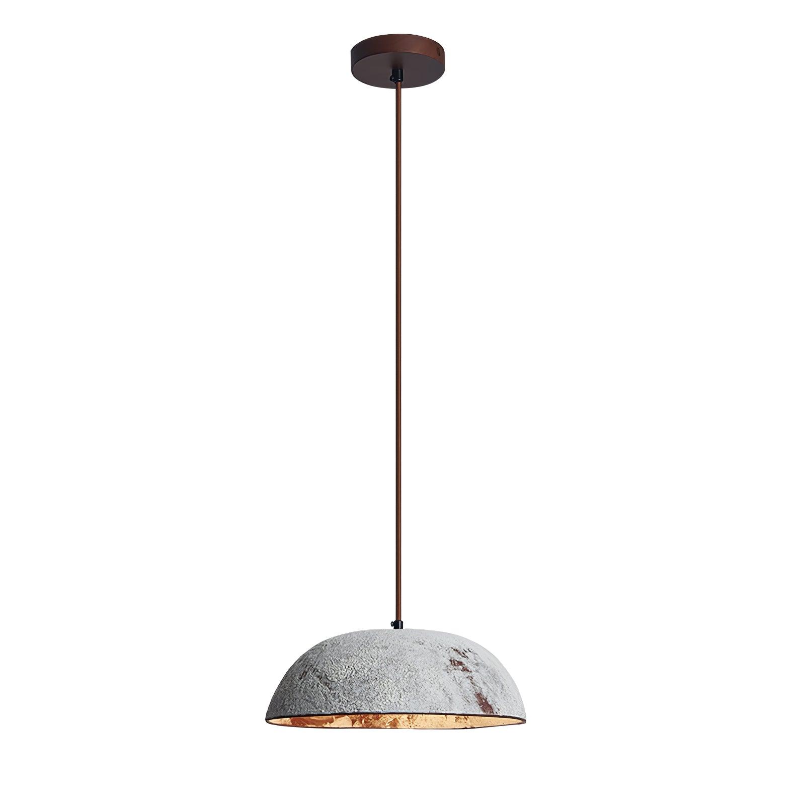 Half Dome Textured Ceramic Pendant Light with Gold Interior and Wood Details
