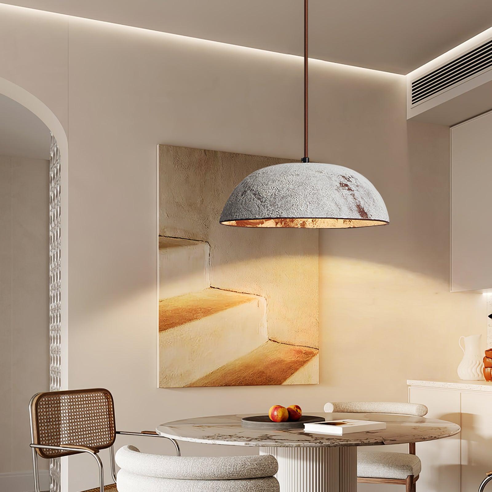 Half Dome Textured Ceramic Pendant Light with Gold Interior and Wood Details
