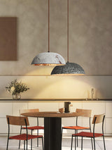 Half Dome Textured Ceramic Pendant Light with Gold Interior and Wood Details