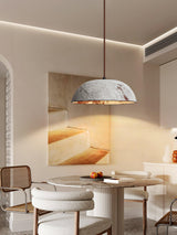 Half Dome Textured Ceramic Pendant Light with Gold Interior and Wood Details