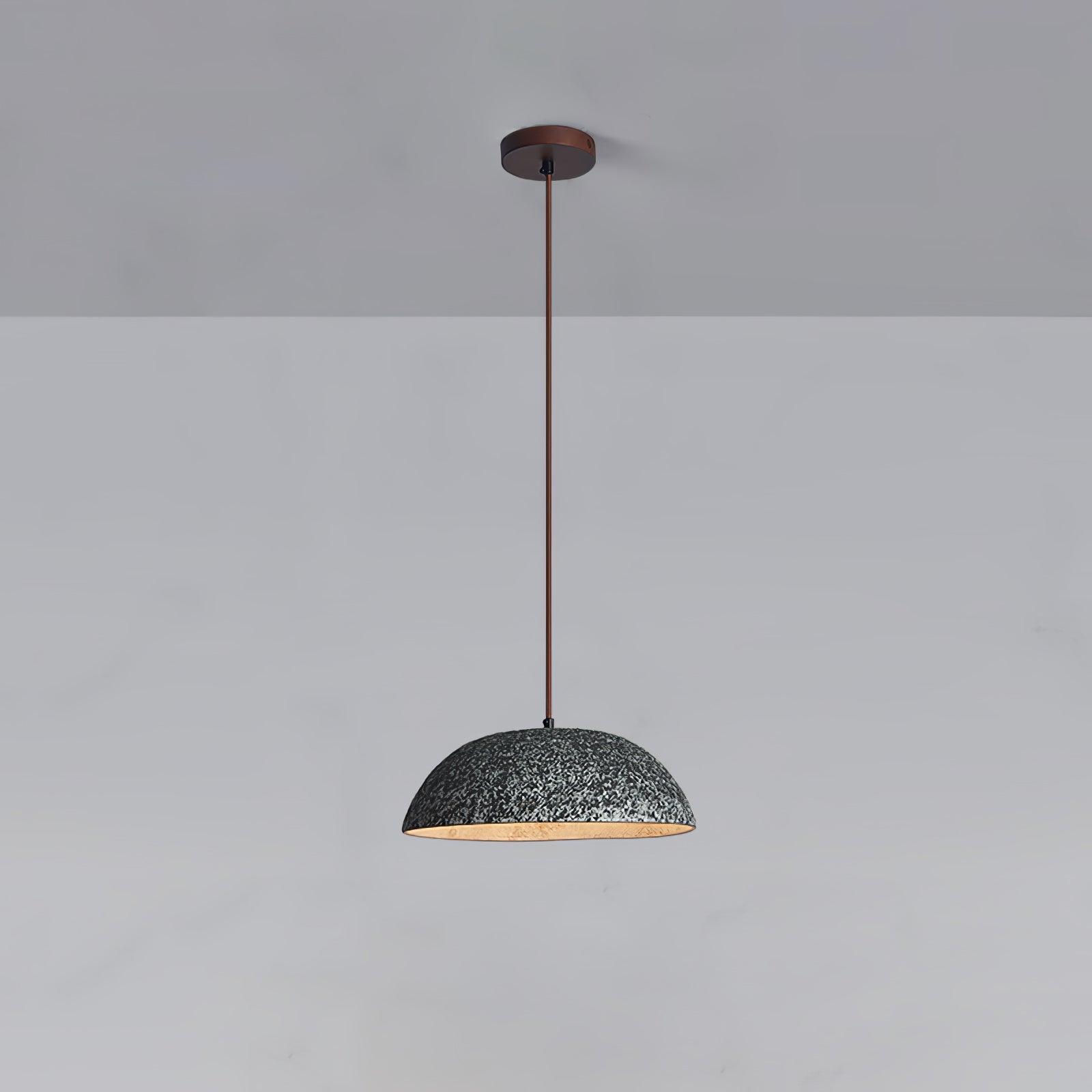 Half Dome Textured Ceramic Pendant Light with Gold Interior and Wood Details