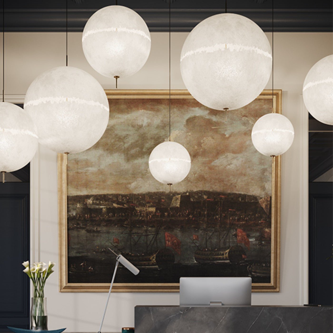 Hand Painted Fiberglass Sphere Pendant Light Modern Gold Artistic Hanging Lamp