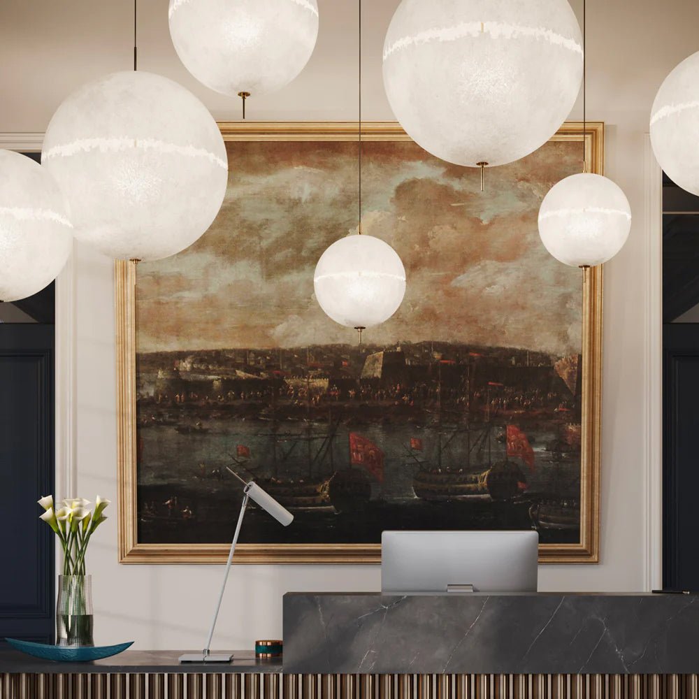 Hand Painted Fiberglass Sphere Pendant Light Modern Gold Artistic Hanging Lamp