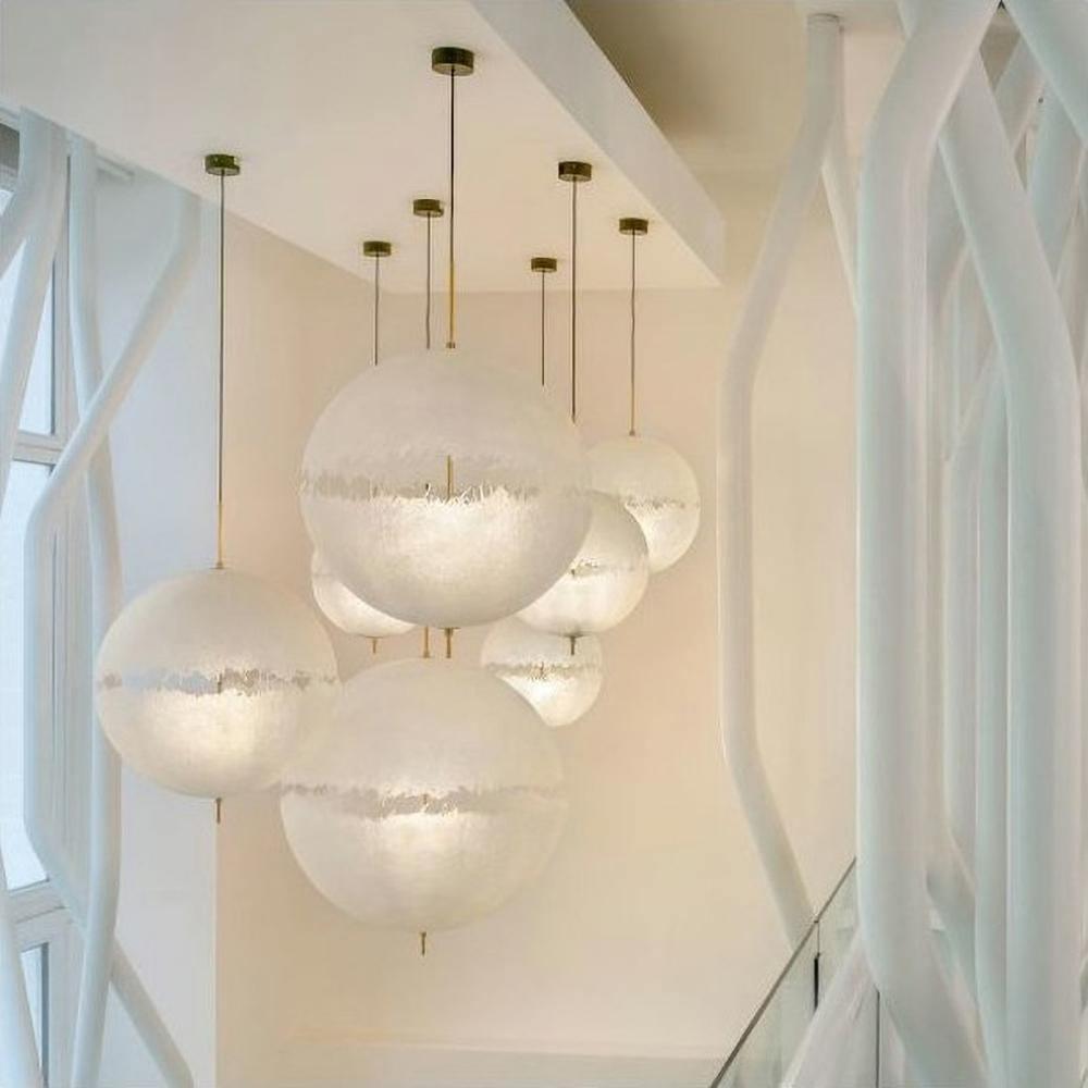 Hand Painted Fiberglass Sphere Pendant Light Modern Gold Artistic Hanging Lamp