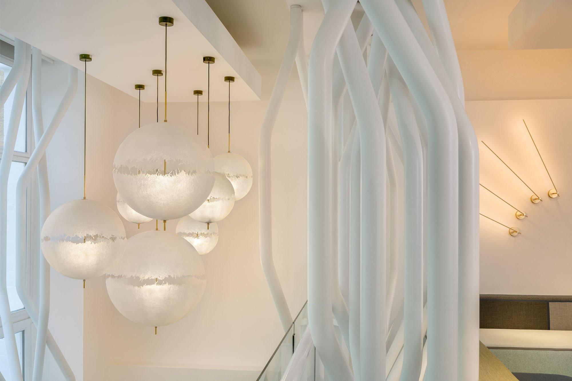 Hand Painted Fiberglass Sphere Pendant Light Modern Gold Artistic Hanging Lamp