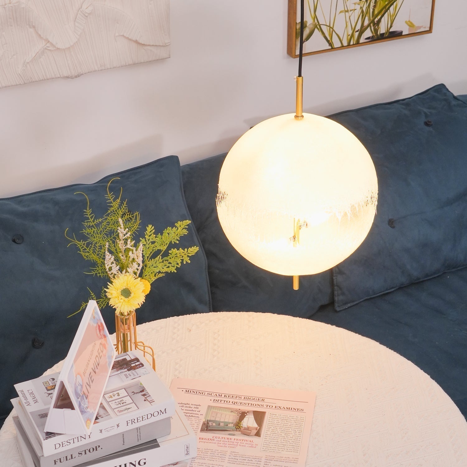 Hand Painted Fiberglass Sphere Pendant Light Modern Gold Artistic Hanging Lamp