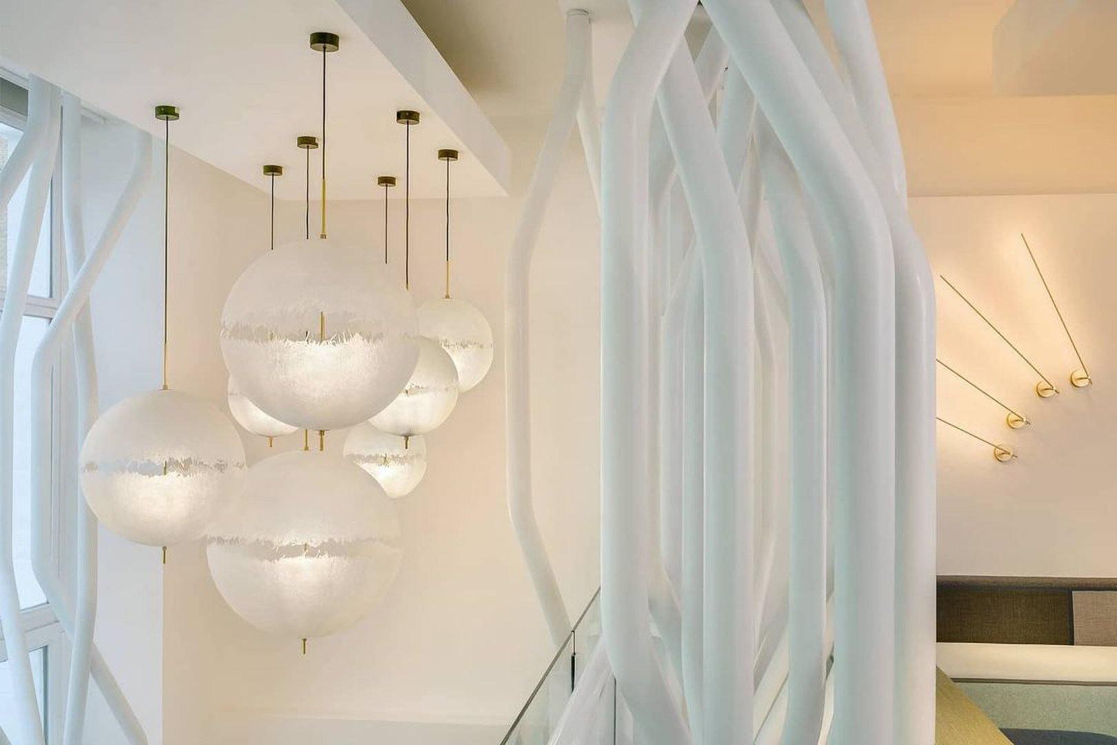 Hand Painted Fiberglass Sphere Pendant Light Modern Gold Artistic Hanging Lamp